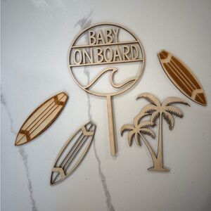Baby on Board Wooden Cake Topper, surfboards & palm tree.